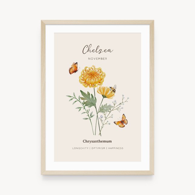 Chrysanthemum Birth Month Flower Poster (Example of chrysanthemum birth flower poster once framed. )