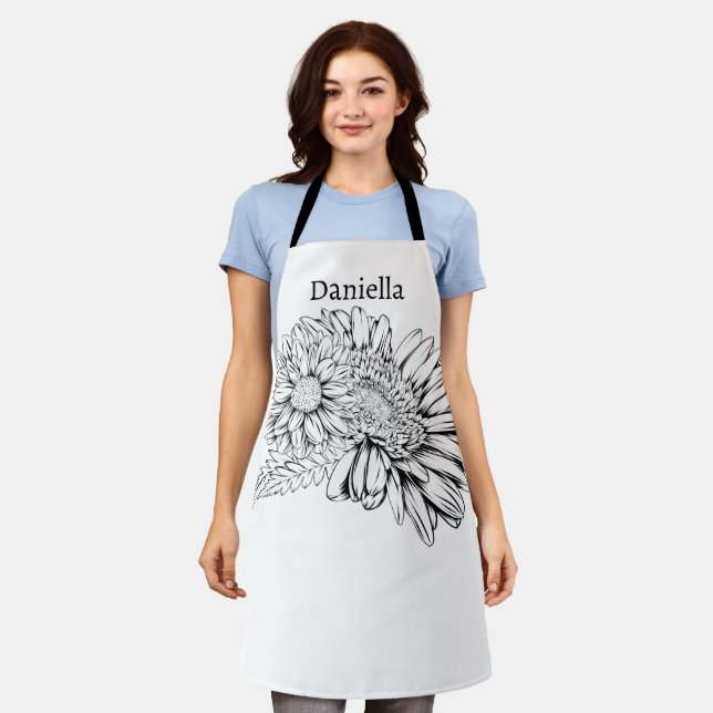 Chrysanthemum Black Line Drawing with Your Name  Apron (Worn)