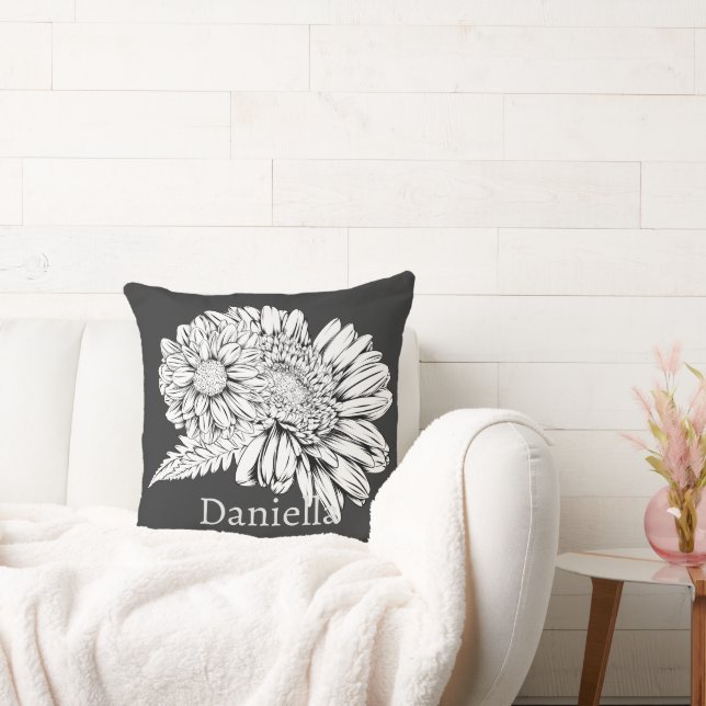 Chrysanthemum Black Line Drawing with Your Name  Cushion (Couch)
