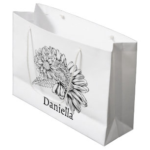 Chrysanthemum Black Line Drawing with Your Name  Large Gift Bag