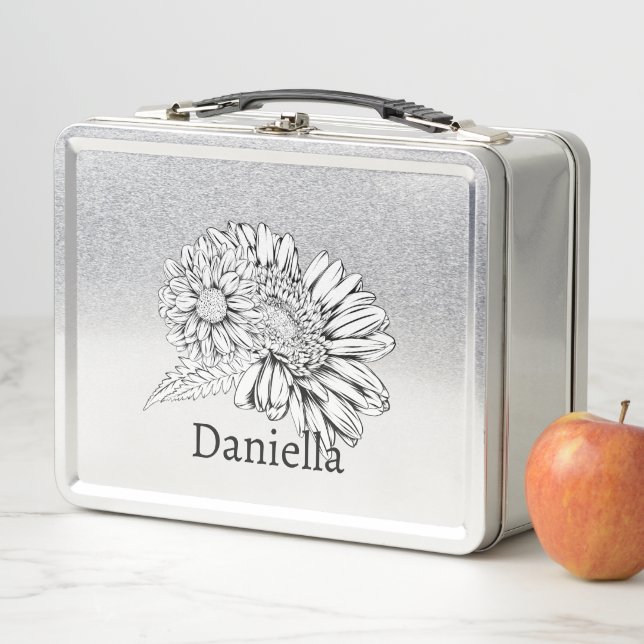 Chrysanthemum Black Line Drawing with Your Name  Metal Lunch Box (In Situ)