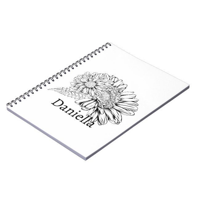 Chrysanthemum Black Line Drawing with Your Name  Notebook (Left Side)