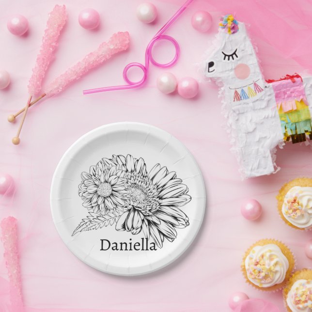 Chrysanthemum Black Line Drawing with Your Name  Paper Plate (Party)
