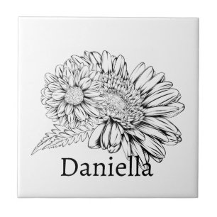 Chrysanthemum Black Line Drawing with Your Name  Tile