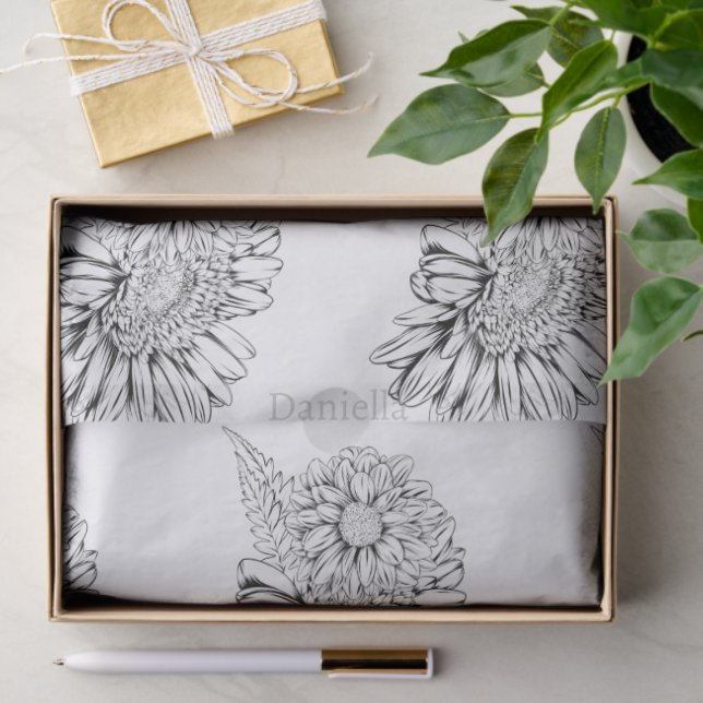 Chrysanthemum Black Line Drawing with Your Name  Tissue Paper (Gift)