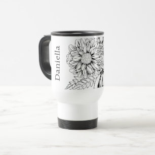 Chrysanthemum Black Line Drawing with Your Name  Travel Mug