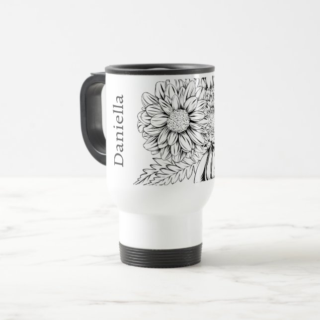 Chrysanthemum Black Line Drawing with Your Name  Travel Mug (Front Left)