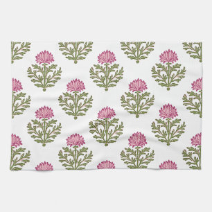 Chrysanthemum Block Print in Pink and Green Tea Towel