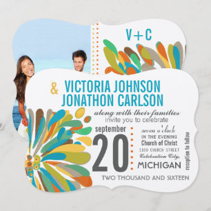 Chrysanthemum Coral Yellow Green Floral Photo Invitation