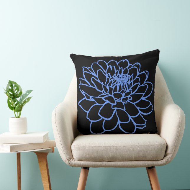 Chrysanthemum Drawing - Baby Blue on Black Cushion (Chair)