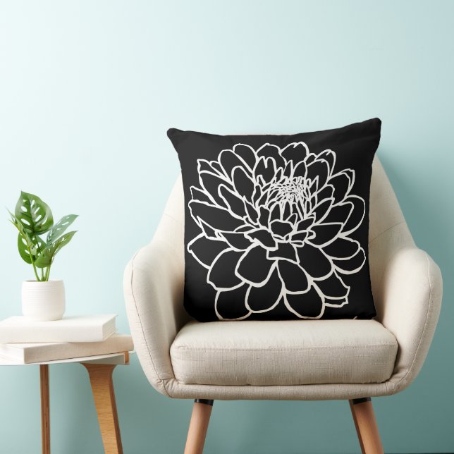 Chrysanthemum Drawing - White on Black Cushion (Chair)
