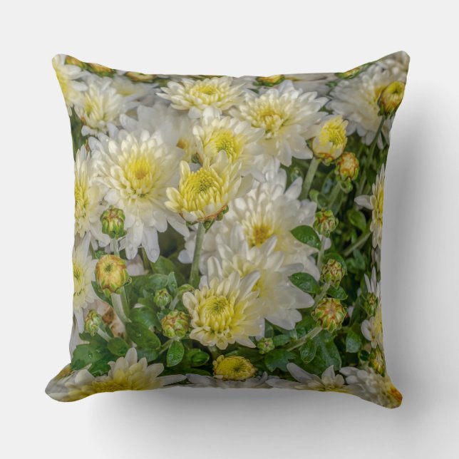 Chrysanthemum Floral Yellow Green White Cushion (Front)