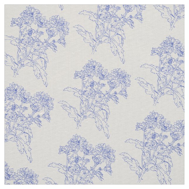 Chrysanthemum flower Blue outline drawing fabric (Swatch)