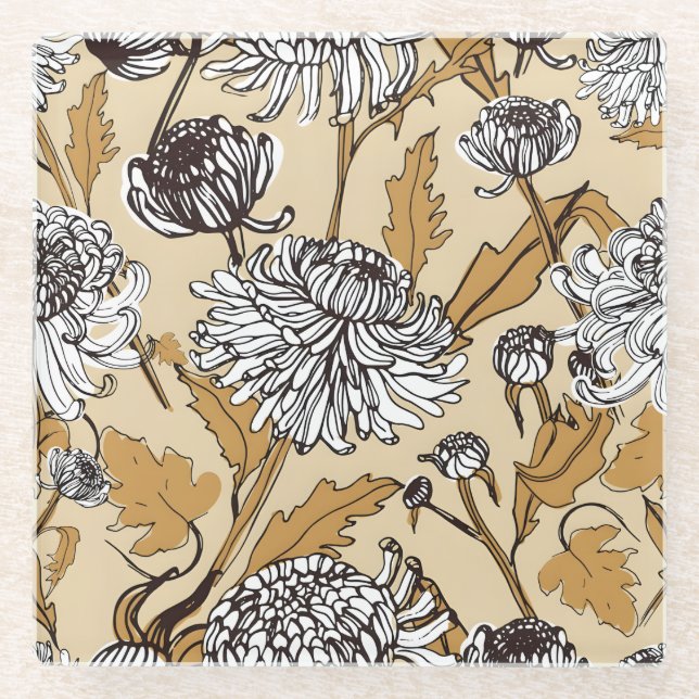 Chrysanthemum Flower Seamless Pattern Glass Coaster (Front)