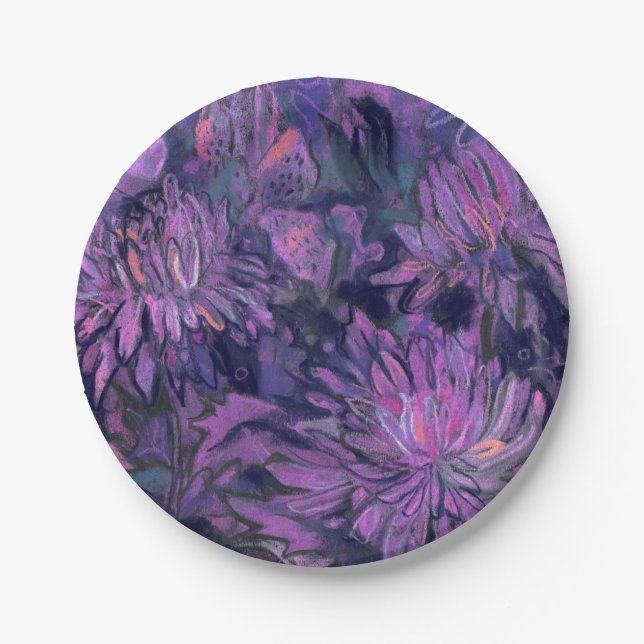 Chrysanthemum Flowers Abstract Floral Art Violet Paper Plate (Front)