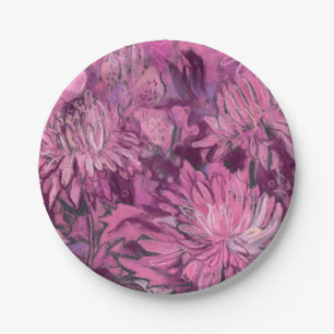 Chrysanthemum Flowers Floral Painting Pink Maroon Paper Plate