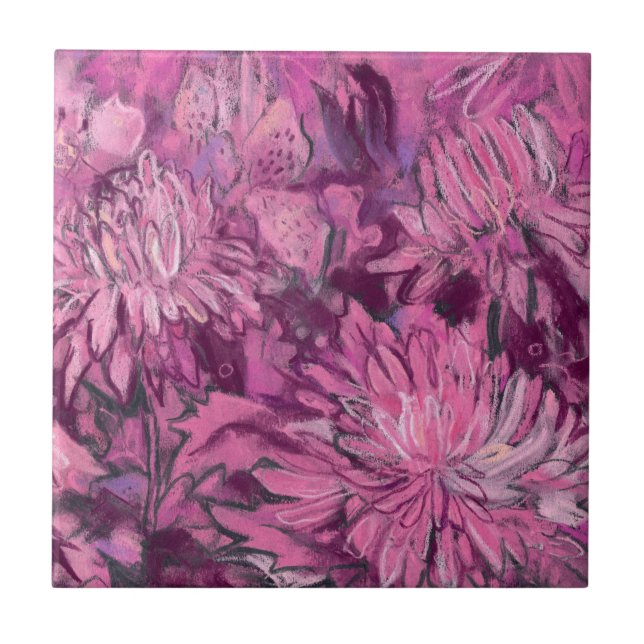 Chrysanthemum Flowers Floral Painting Pink Maroon Tile (Front)