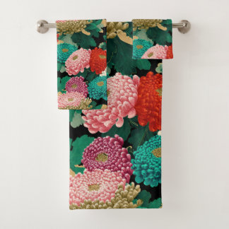 Chrysanthemum Flowers Vintage Botanical Pattern Bath Towel Set