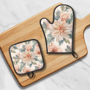 Chrysanthemum Flowers Watercolor Botanical Pattern Oven Mitt & Pot Holder Set