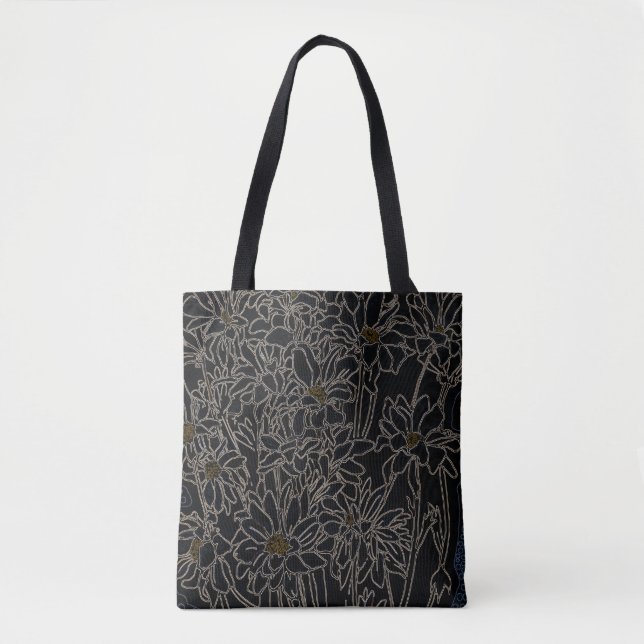 Chrysanthemum garden flowers art black & old metal tote bag (Front)