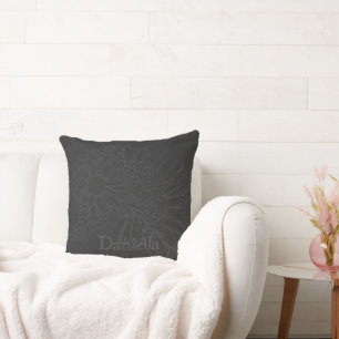 Chrysanthemum Grey Line Drawing with Your Name  Cushion