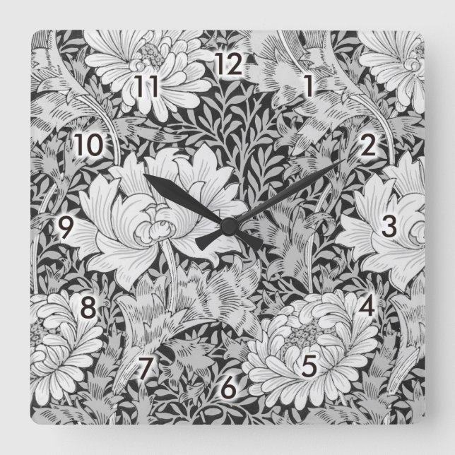 Chrysanthemum Grey, William Morris Square Wall Clock (Front)