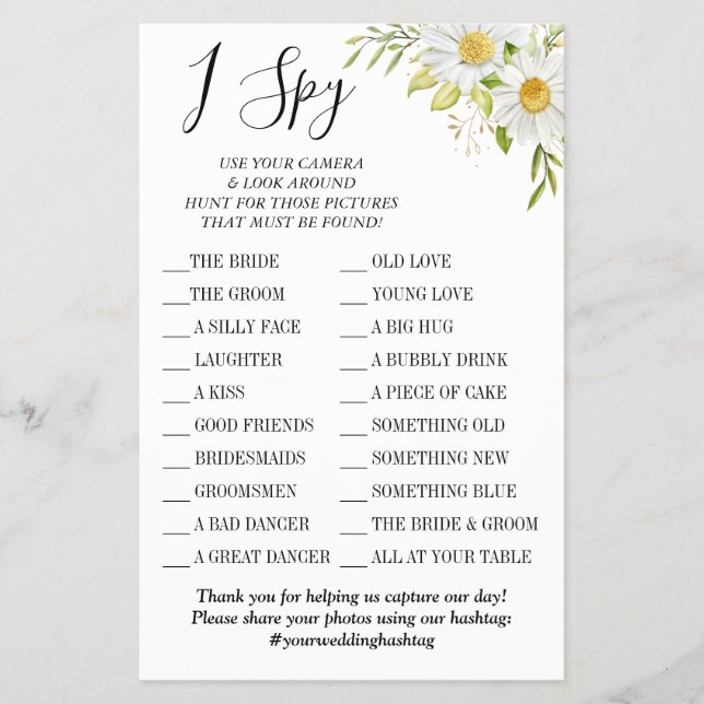 Chrysanthemum I spy wedding reception game card (Front)
