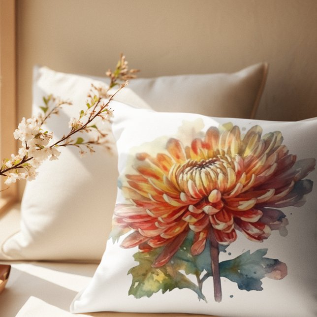 chrysanthemum in yellow and orange watercolor cushion (Creator Uploaded)