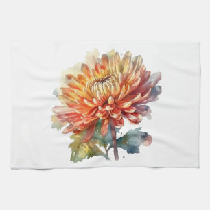 chrysanthemum in yellow and orange watercolor tea towel