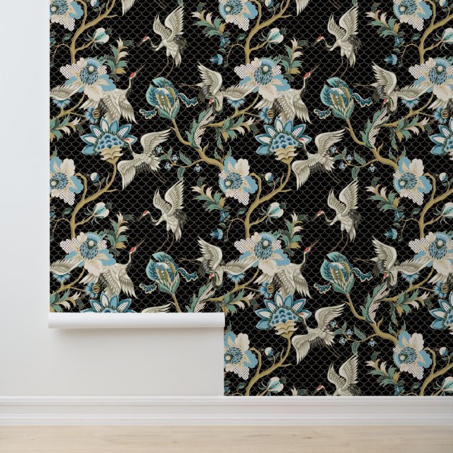 Chrysanthemum Japanese Red Crown Crane Bird Black Wallpaper (Application)