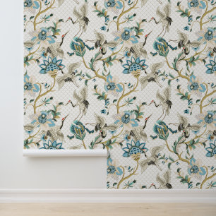 Chrysanthemum & Japanese Red Crowned Crane Bird Wallpaper