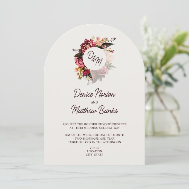 Chrysanthemum Monogram on Snow White Invitation (Standing Front)
