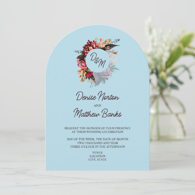Chrysanthemum Monogram on Spun Sugar Blue Invitation (Standing Front)