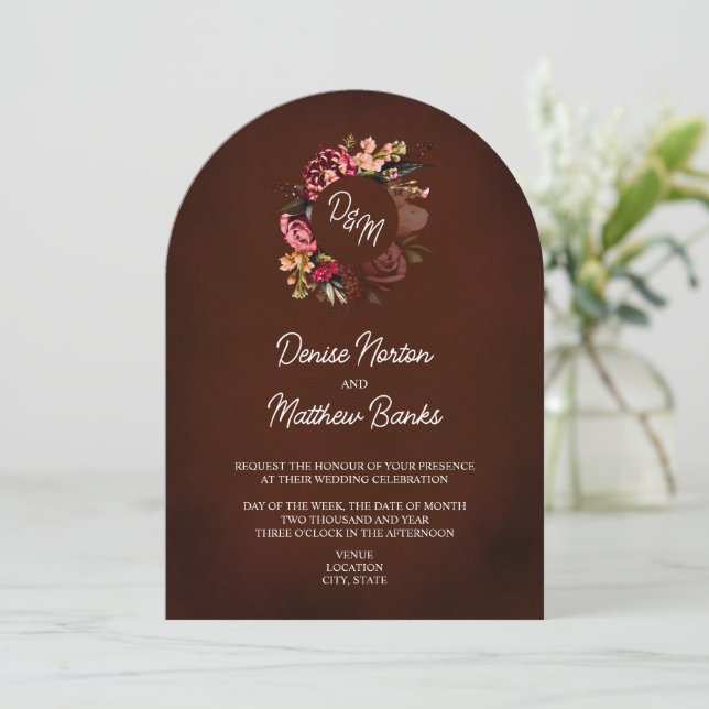 Chrysanthemum Monogram on Wine Invitation (Standing Front)