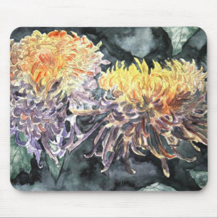 Chrysanthemum mum flowers watercolor painting mouse mat