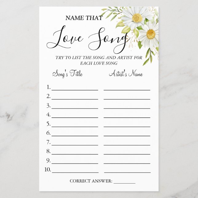 Chrysanthemum Name that love song shower game card (Front)