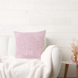 Chrysanthemum Pink Line Drawing with Your Name Cushion
