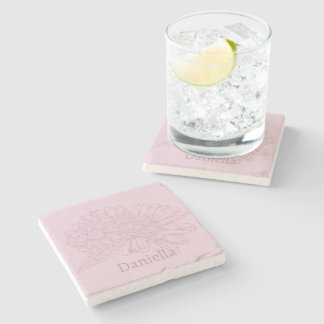 Chrysanthemum Pink Line Drawing with Your Name  Stone Coaster