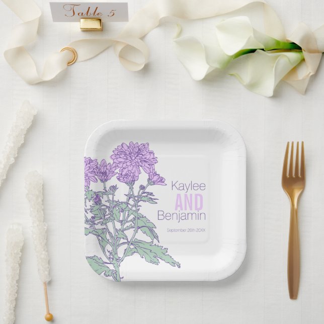 Chrysanthemum purple flowers wedding paper plate (Wedding)