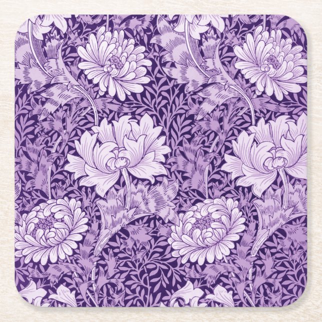 Chrysanthemum Purple, William Morris Square Paper Coaster (Front)