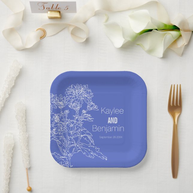 Chrysanthemum white on blue flowers wedding paper plate (Wedding)
