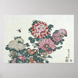 Chrysanthemums & Bee, Japanese Art by Hokusai Poster