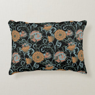 Chrysanthemums Black Background, Floral Vintage. Decorative Cushion
