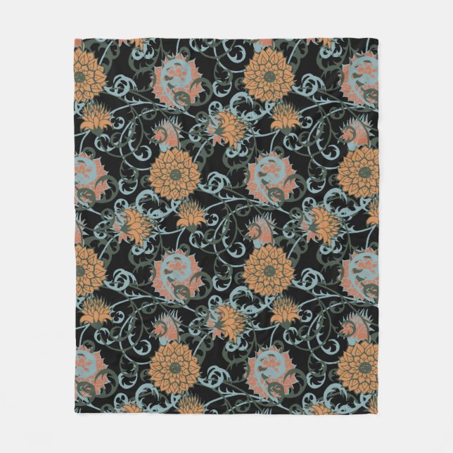 Chrysanthemums Black Background, Floral Vintage. Fleece Blanket (Front)