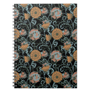 Chrysanthemums Black Background, Floral Vintage. Notebook