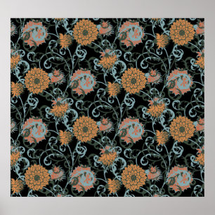 Chrysanthemums Black Background, Floral Vintage. Poster