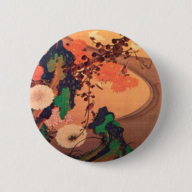 Chrysanthemums by a stream with rocks (1760) 6 cm round badge (Front)