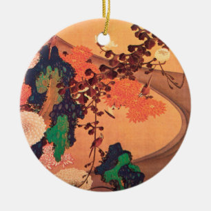 Chrysanthemums by a stream with rocks (1760) ceramic tree decoration