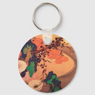 Chrysanthemums by a stream with rocks (1760) key ring