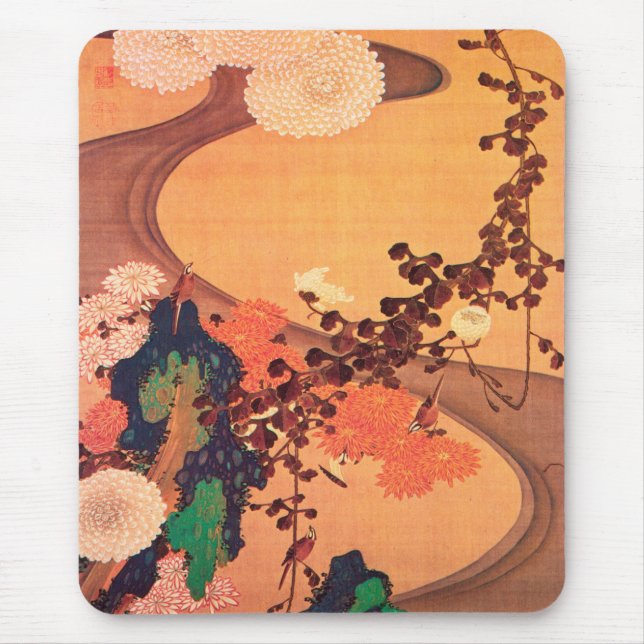 Chrysanthemums by a stream with rocks (1760) mouse mat (Front)